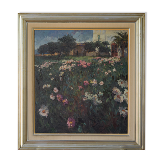 Landscape scene with floral meadow