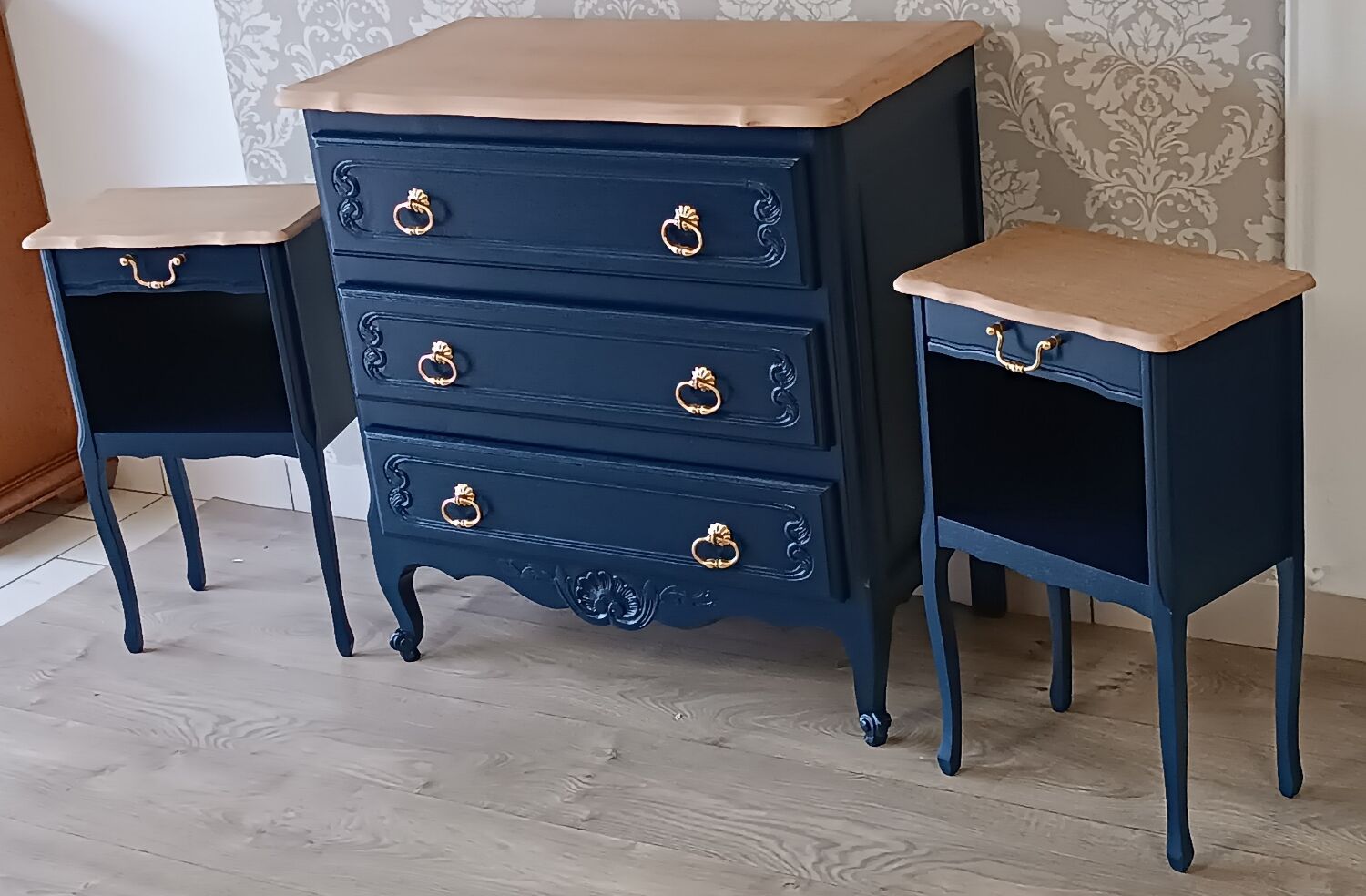 Louis XV style chest of drawers and bedside tables set