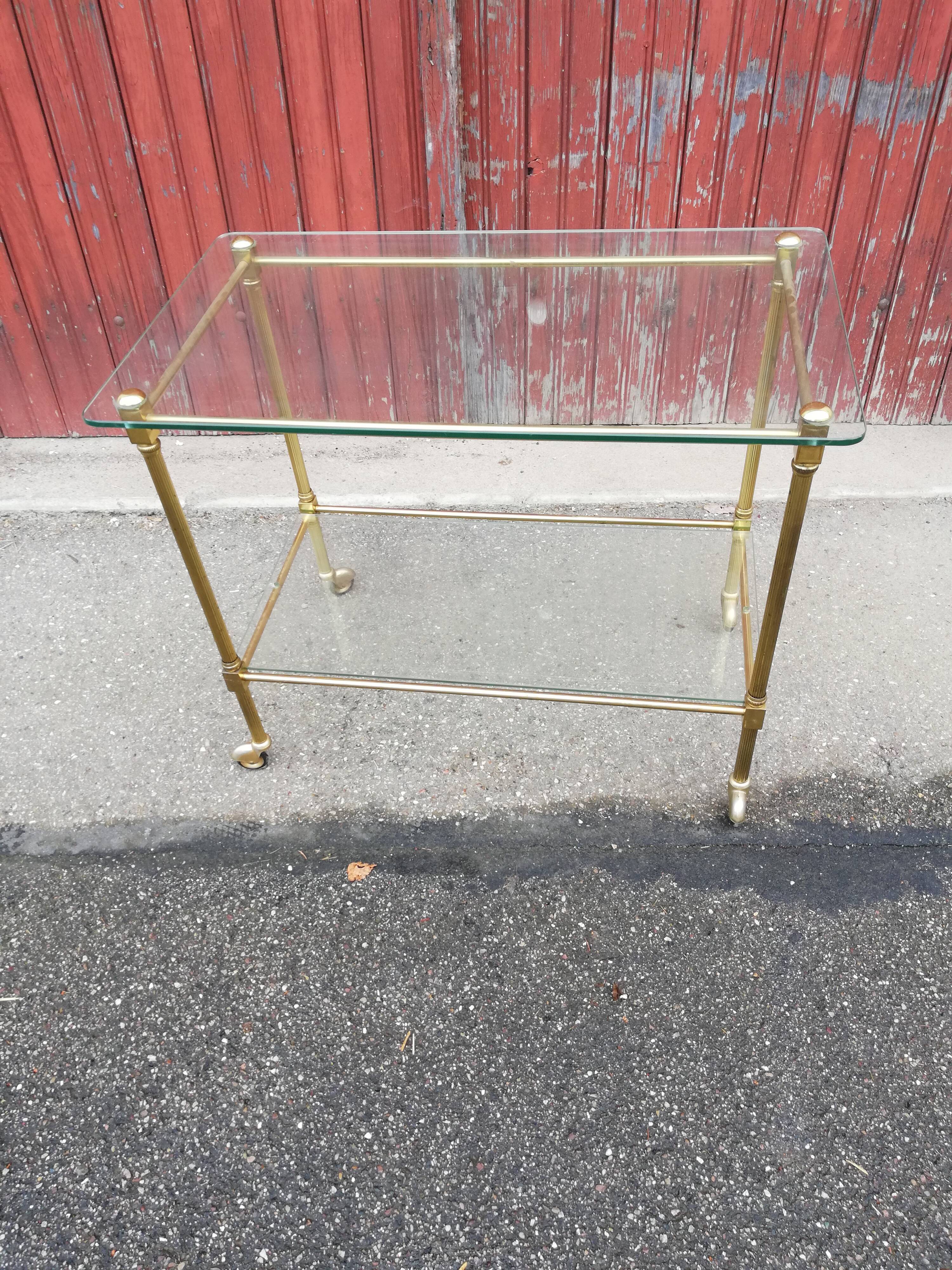 Desserte vintage laiton et 2 plateaux verre