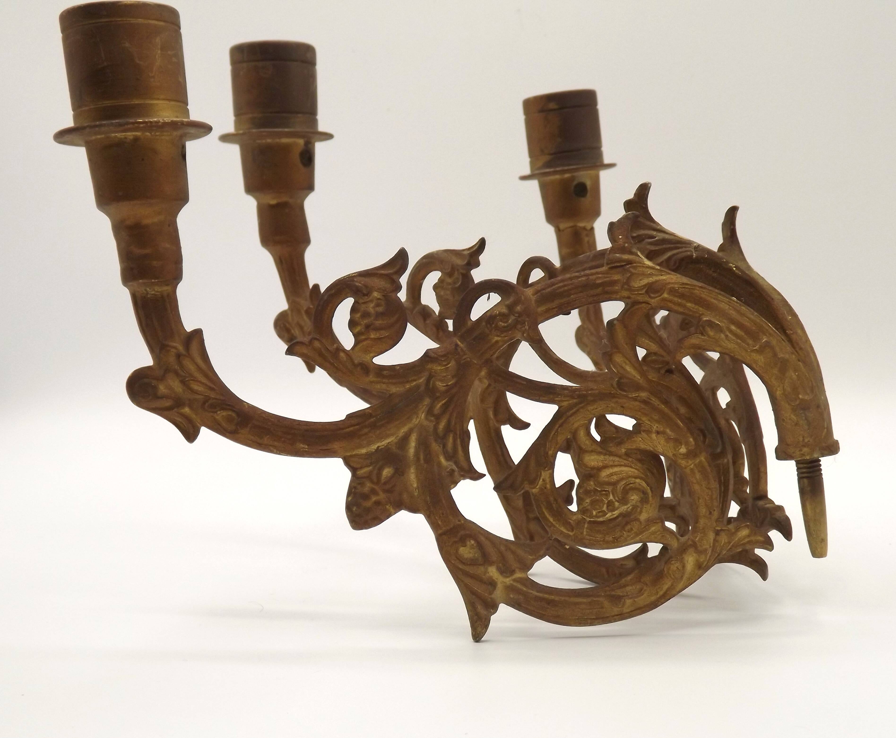 Stunning Pair of Large Antique 3-Arm Gilt Bronze Piano Sconce Candle Holders 4916