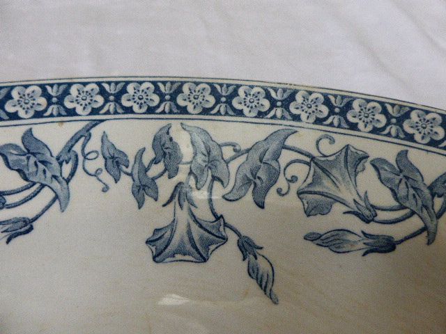 Serving dish in earthenware hamage, st amand model volubilis, blue bindweed on white earthenware, art deco