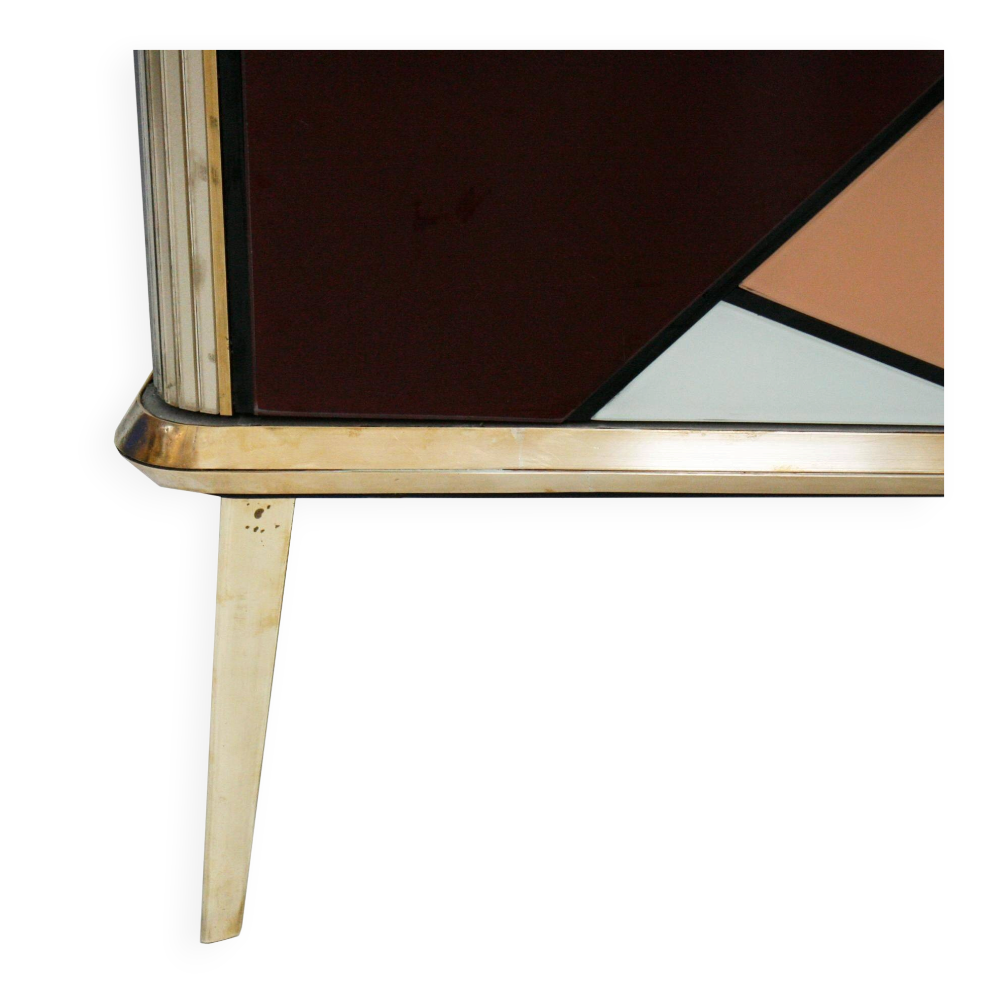 Mid-Century Modern Style Solid Wood Colored Glass and Brass Italian Sideboard