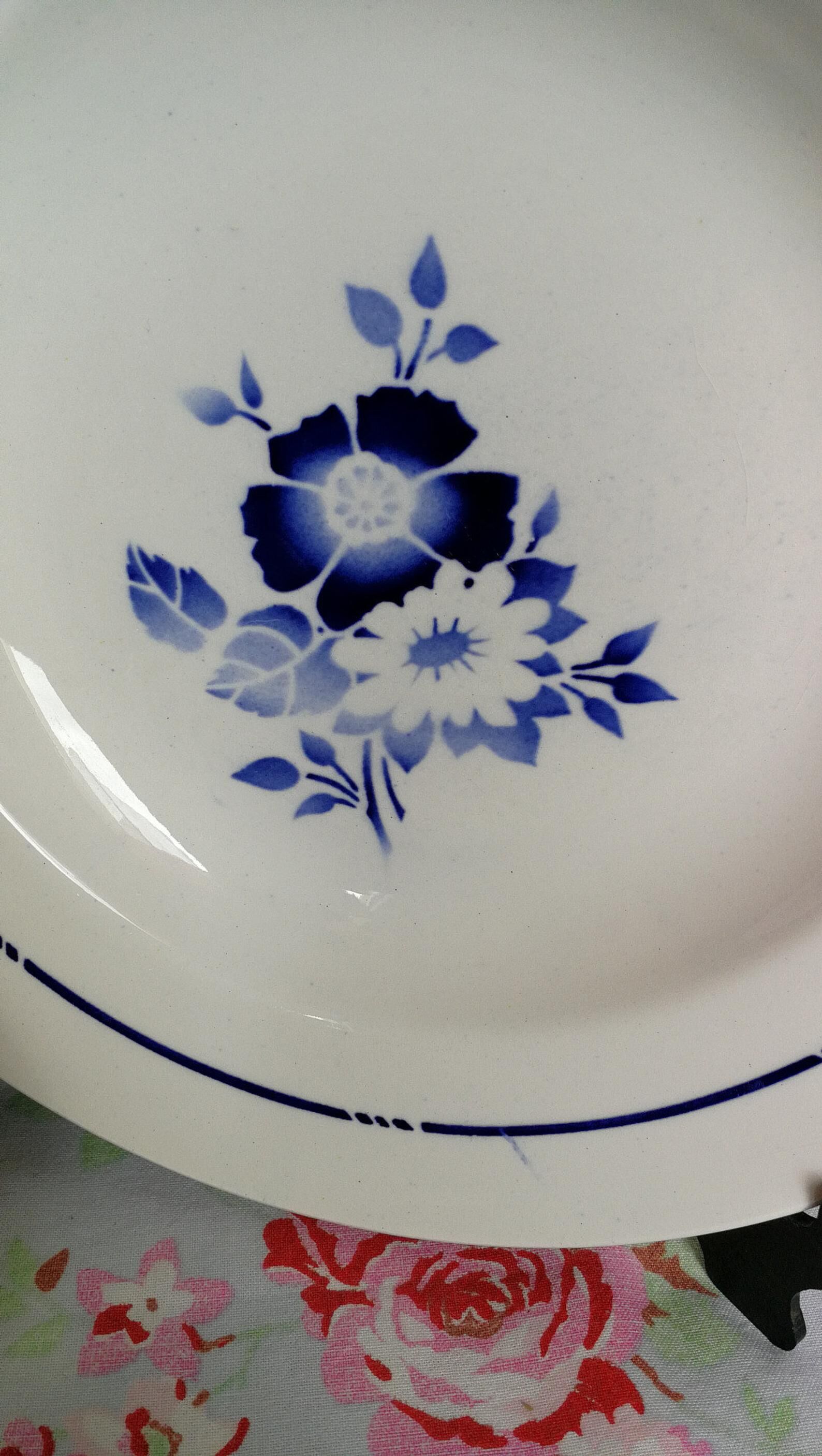 6 old blue flowers with stencil hollow plates