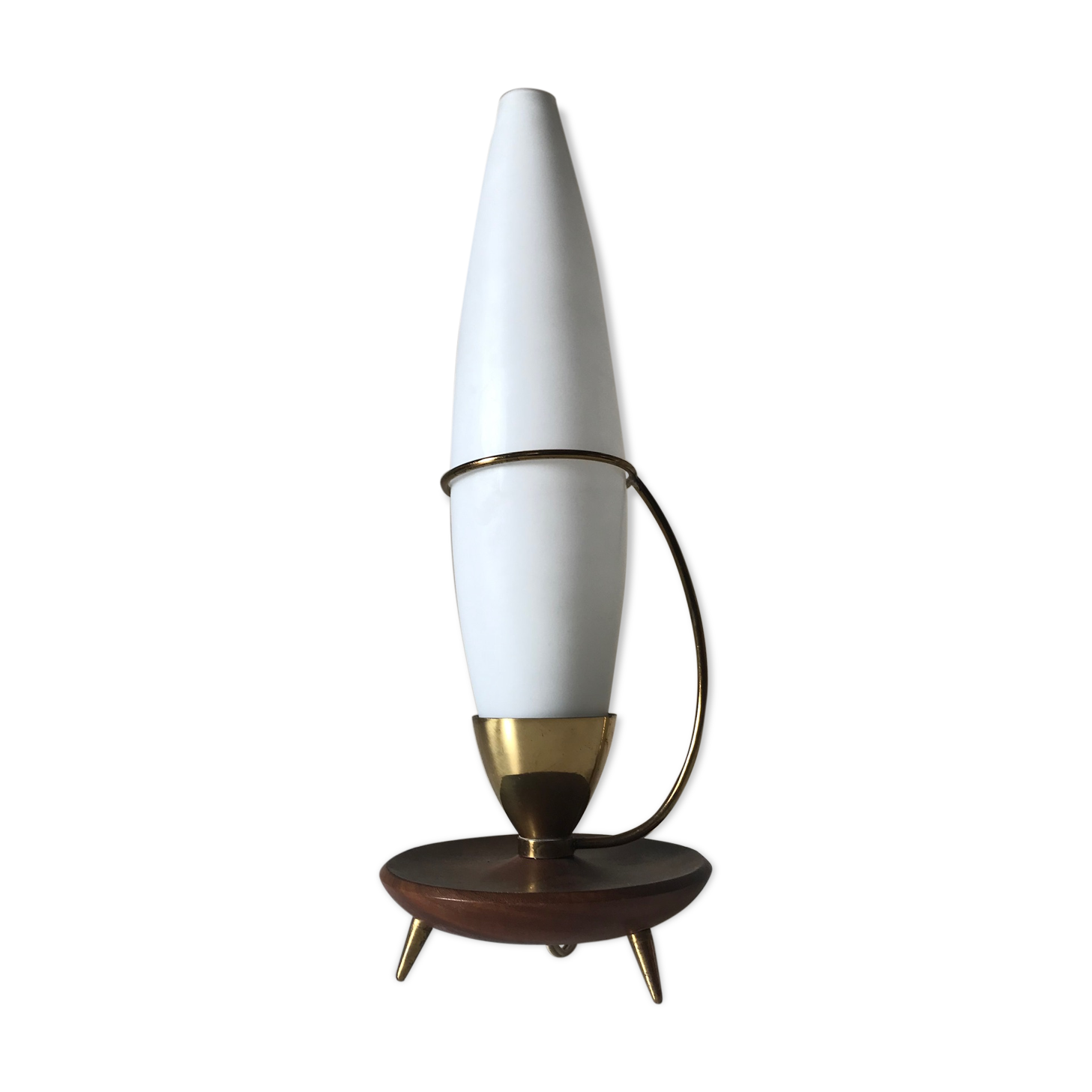 Lampe tripode teck et opaline vintage 1960
