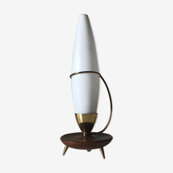 Lampe tripode teck et opaline vintage 1960