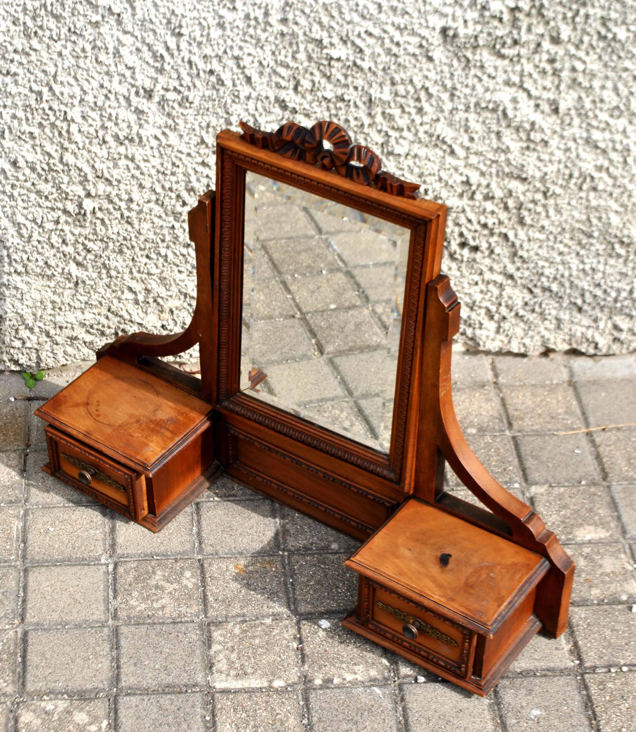 Carved wooden table mirror with ribbon bow - Old Psyche dressing table