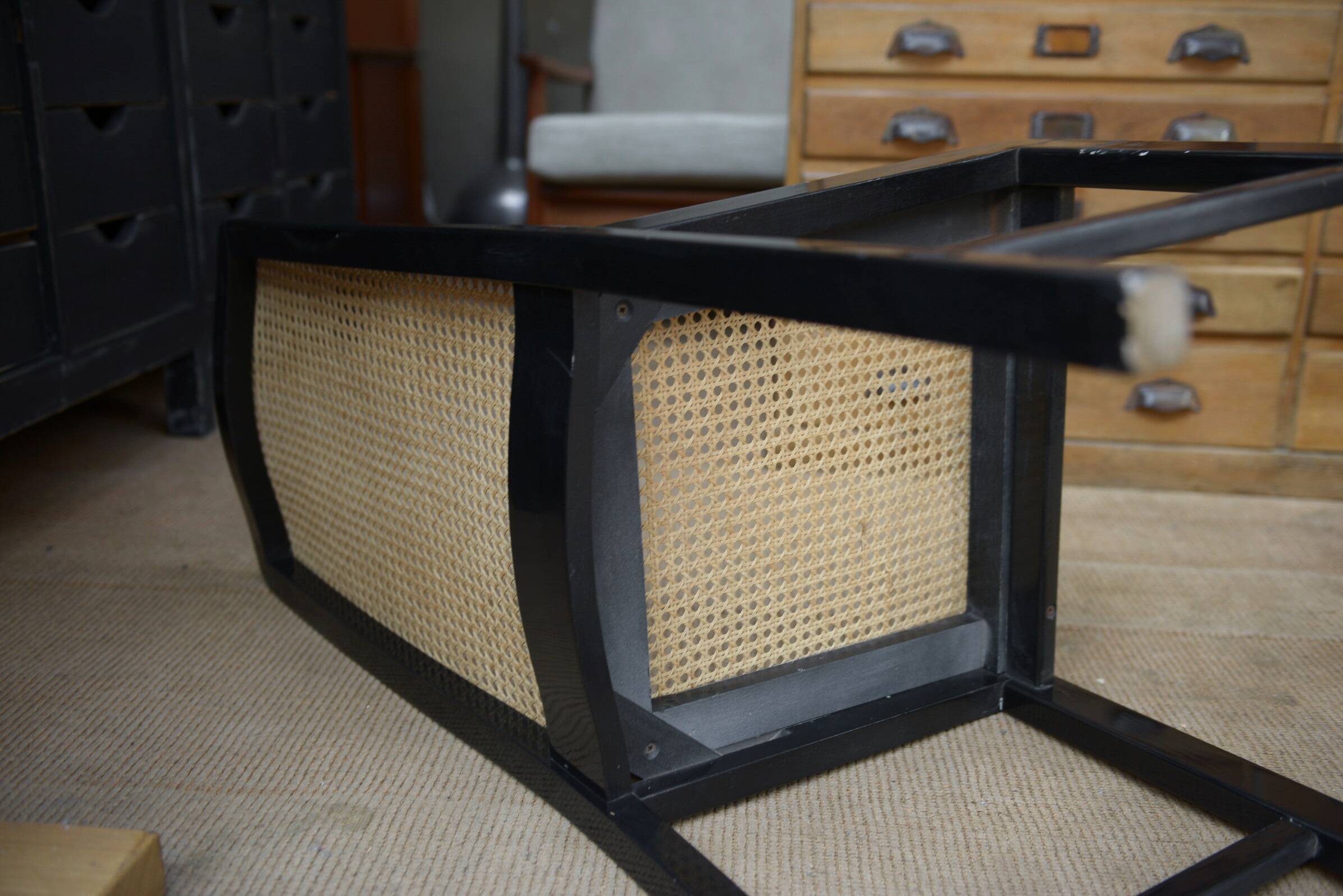 Set of 6 Vintage caned chairs in black lacquered wood, original 1970