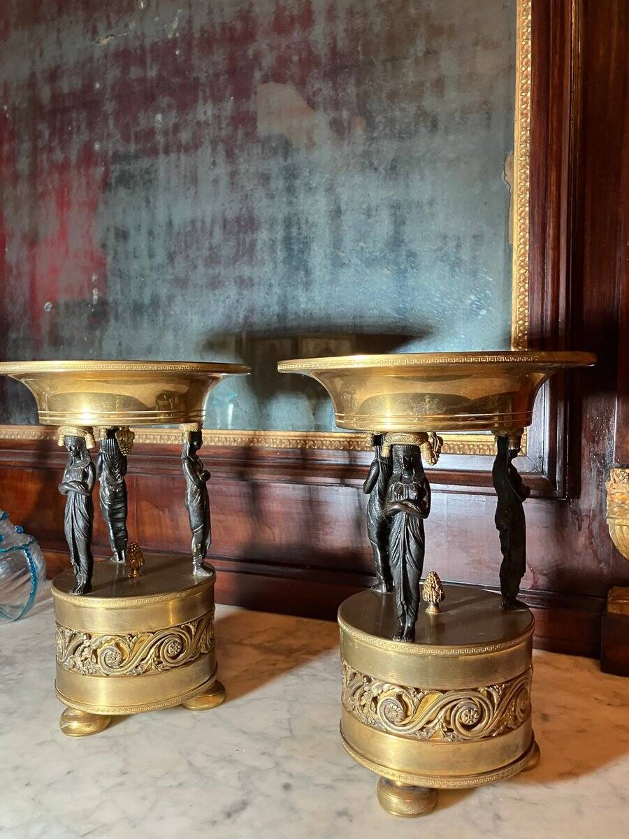 Italian Empire Bronze and Brass Tazzas with Sphinxes, 1800s, Set of 2