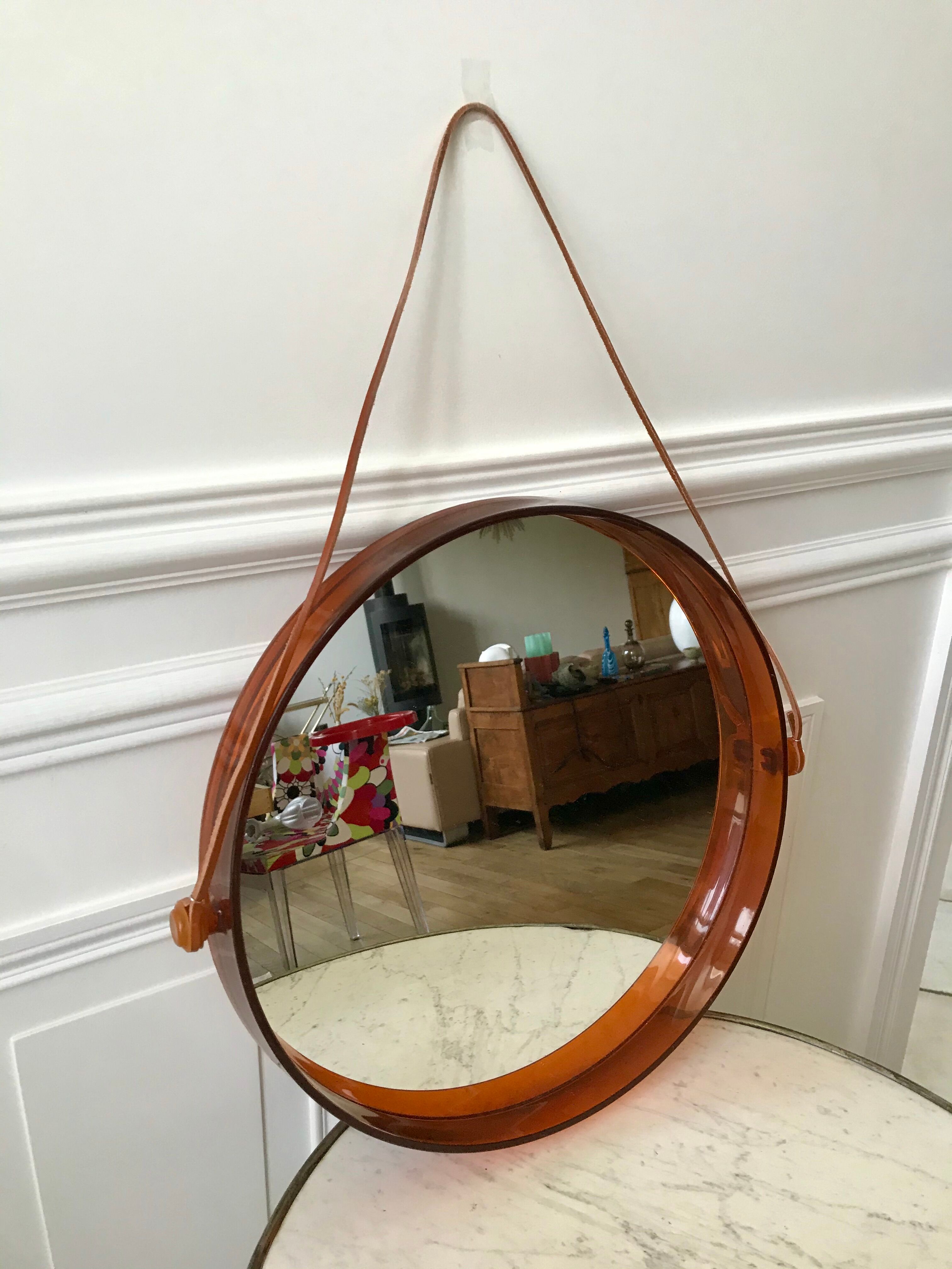 mirror cap brown orange design plexi and leather strap Made in France 1974