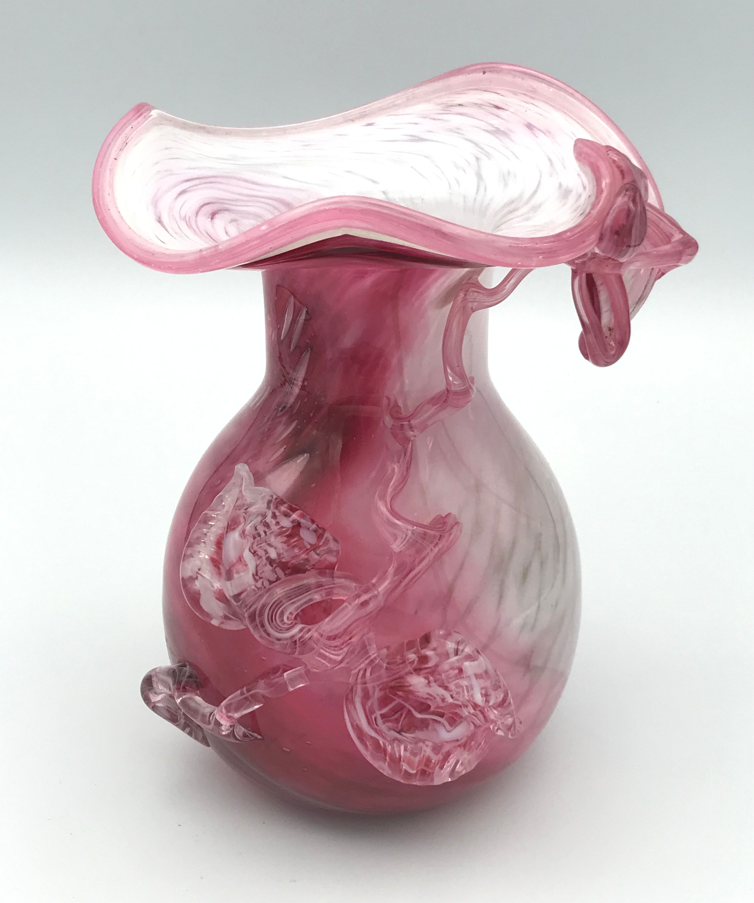 Hand-blown glass vase pink shade with sculptural leaf decor