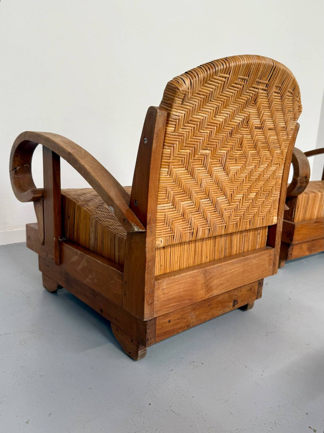 Set of 4 woven rattan armchairs, colonial style, 1950s