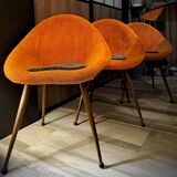 Set of 3 chairs, egg-shaped armchairs with compass legs, 1950