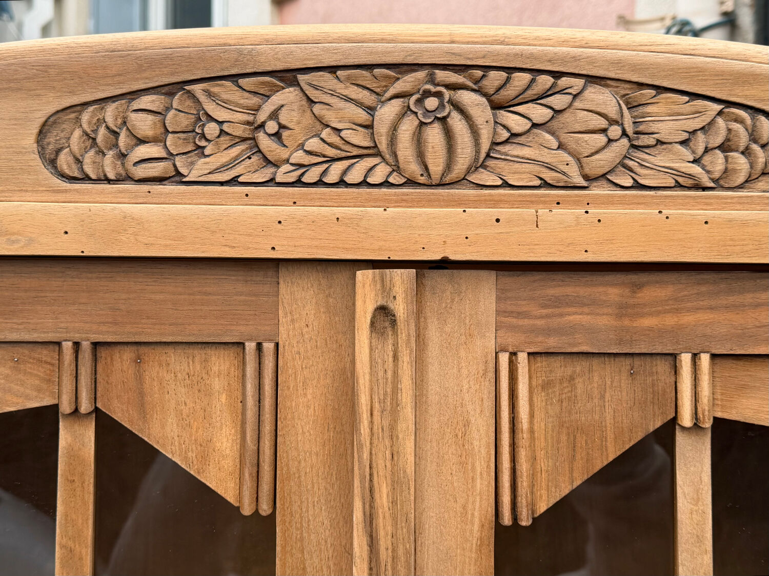 Parisian glass-fronted Art Deco wardrobe in solid raw walnut.