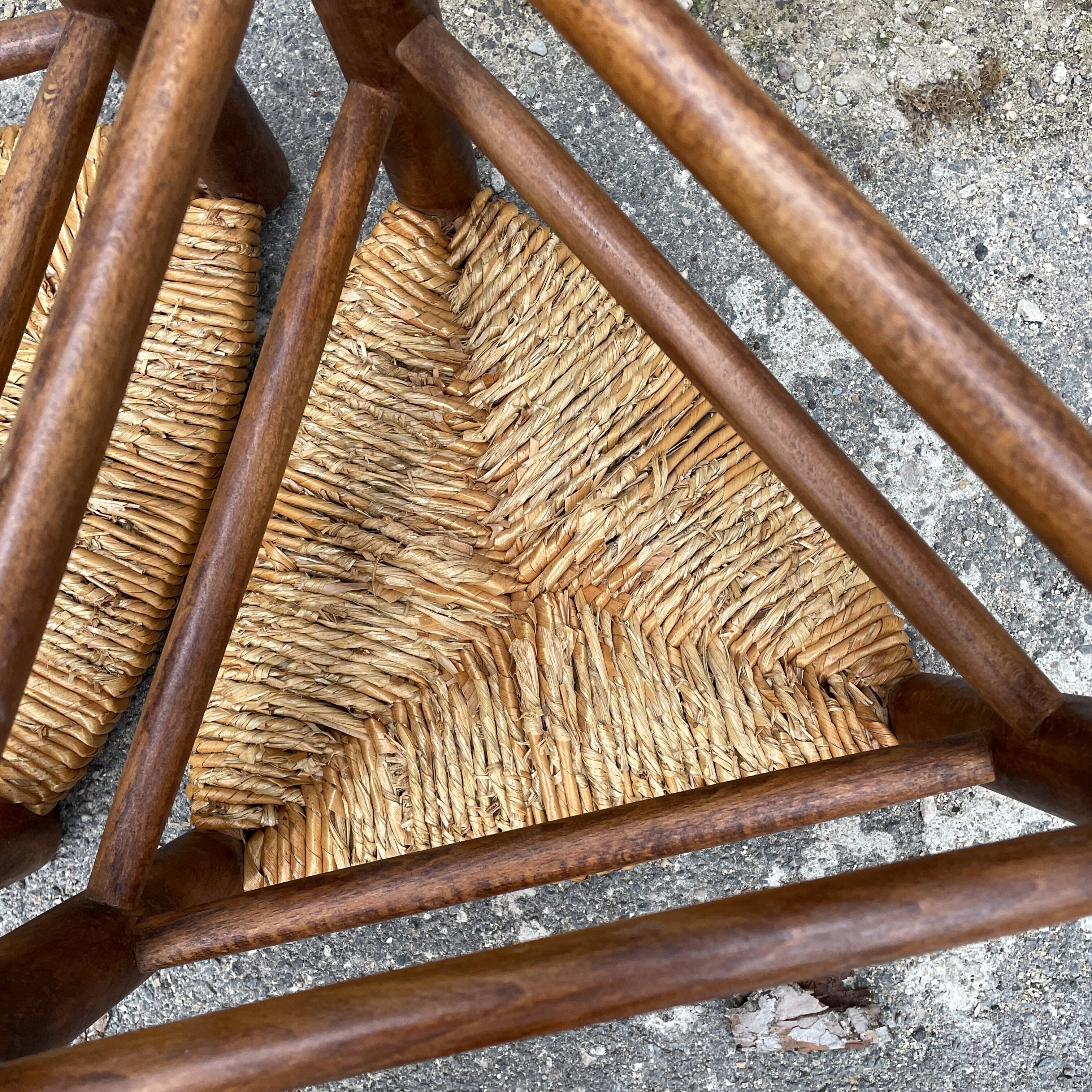 Pair tripod stool vintage design wood and straw