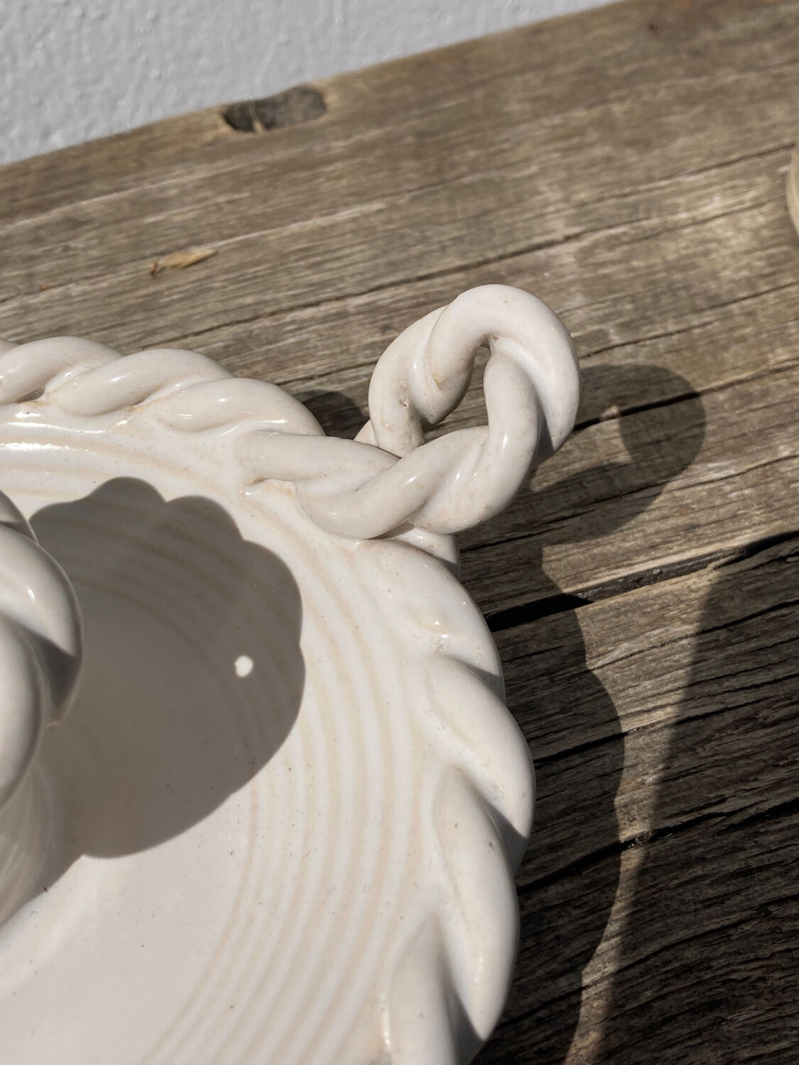 White ceramic candle holder twisted antique rope