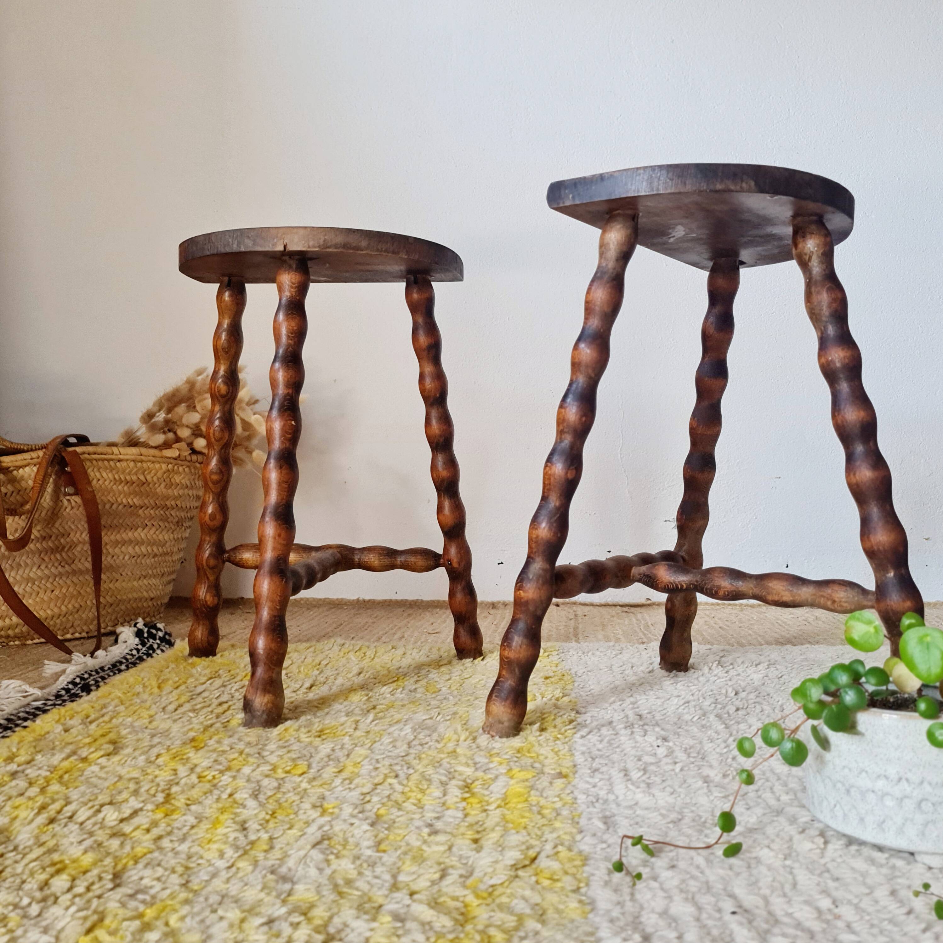 Wooden tripod stools - pair of turned leg bedside tables
