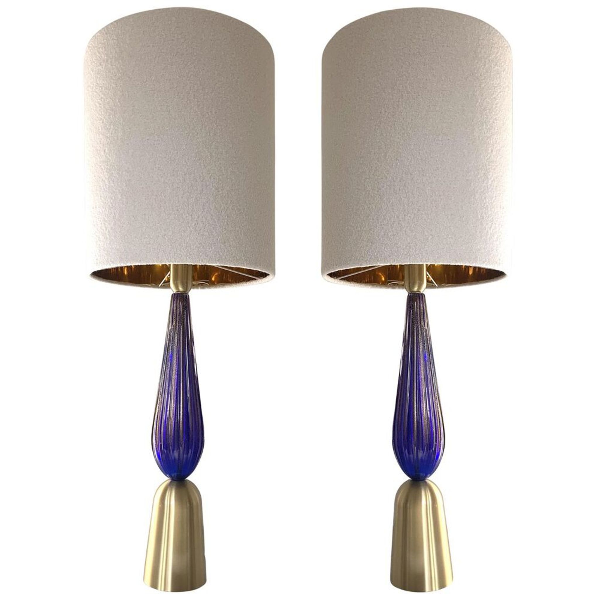 Murano glass table lamps Blu and gold with Bouclé lamp Lampshde by SimoEng