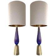 Murano glass table lamps Blu and gold with Bouclé lamp Lampshde by SimoEng