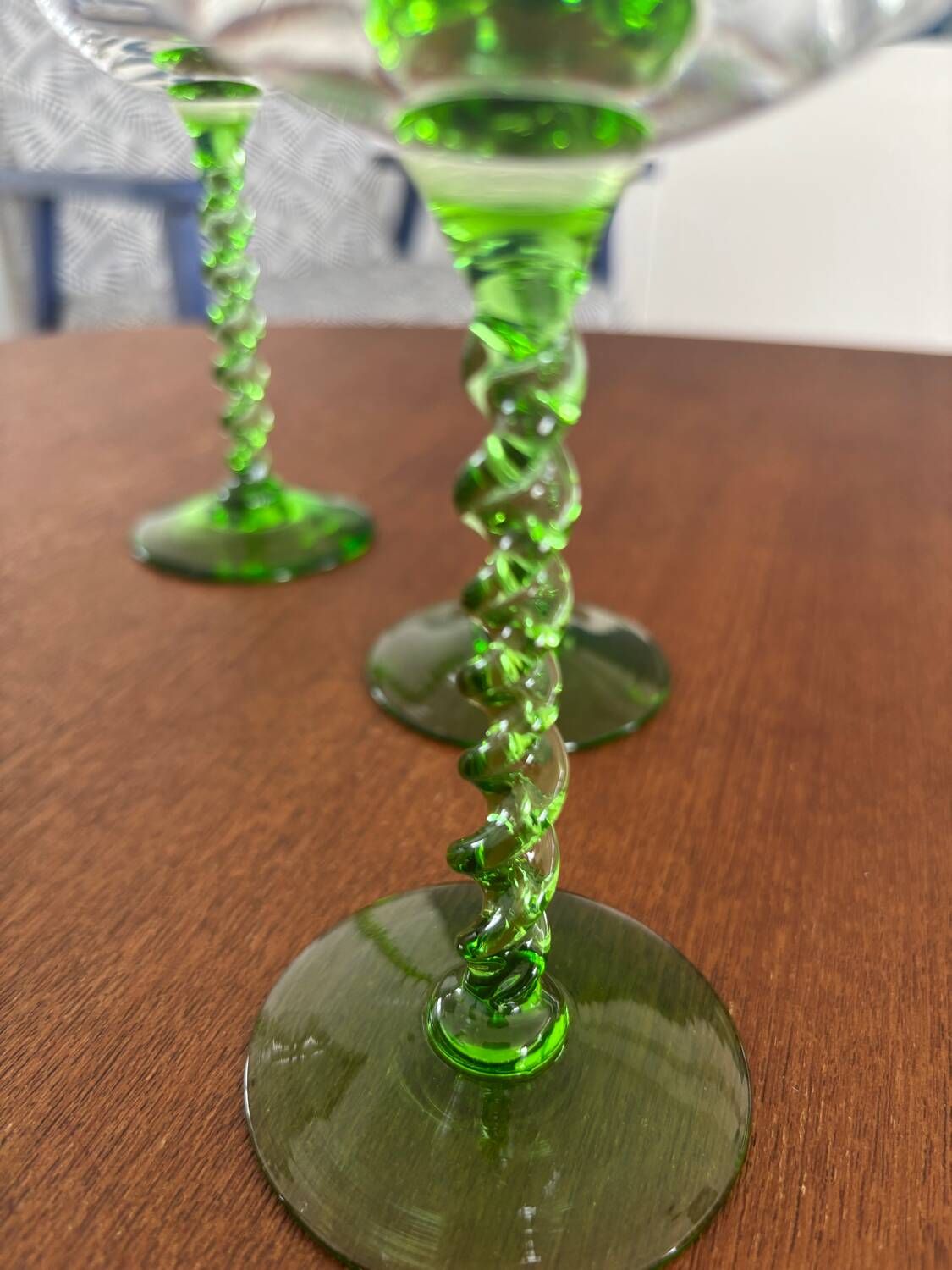 Alsatian white wine glass with a twisted green stem - vintage French stemmed glass