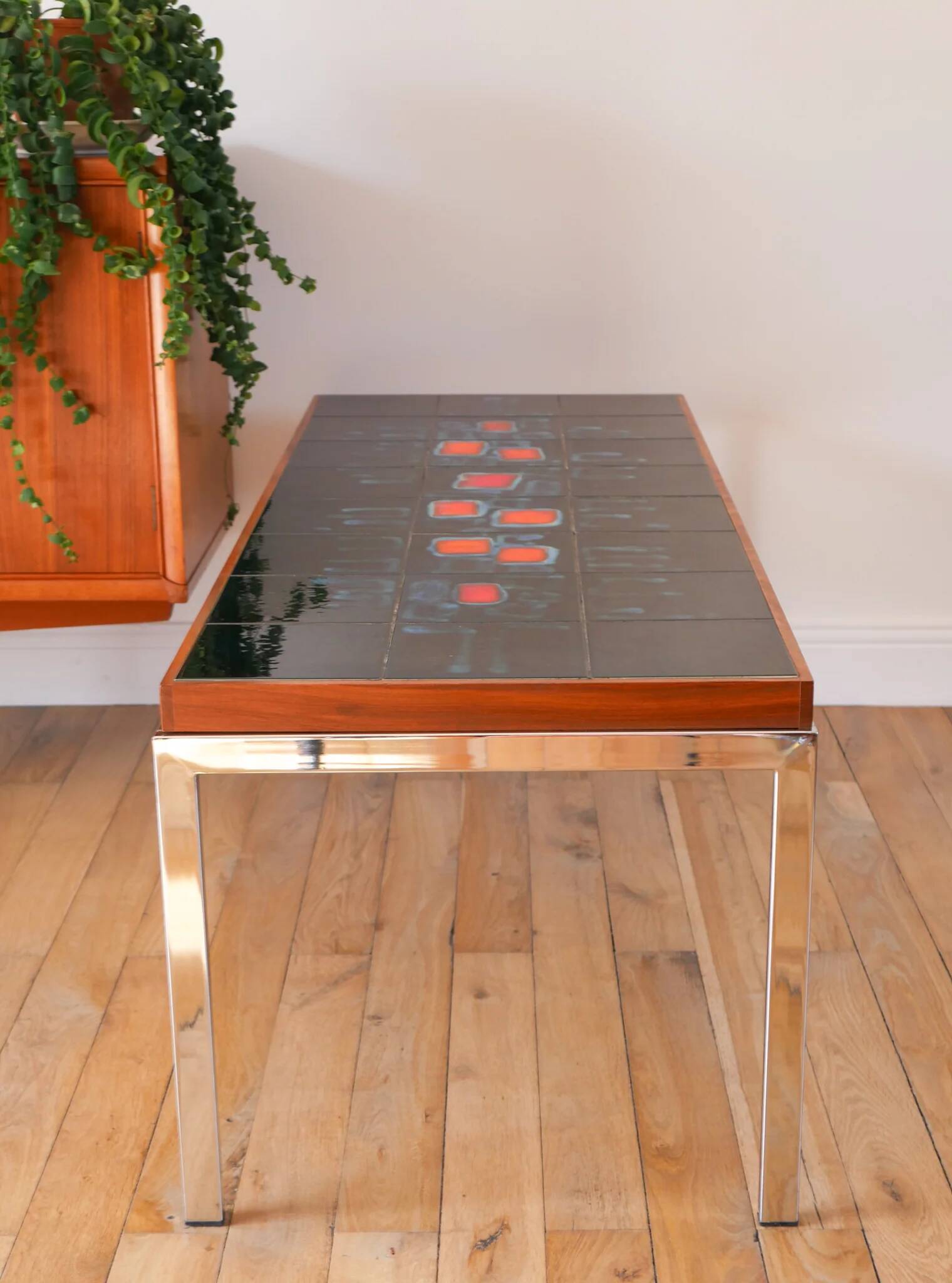 Table basse en céramique, teck & chrome, design, 1970
