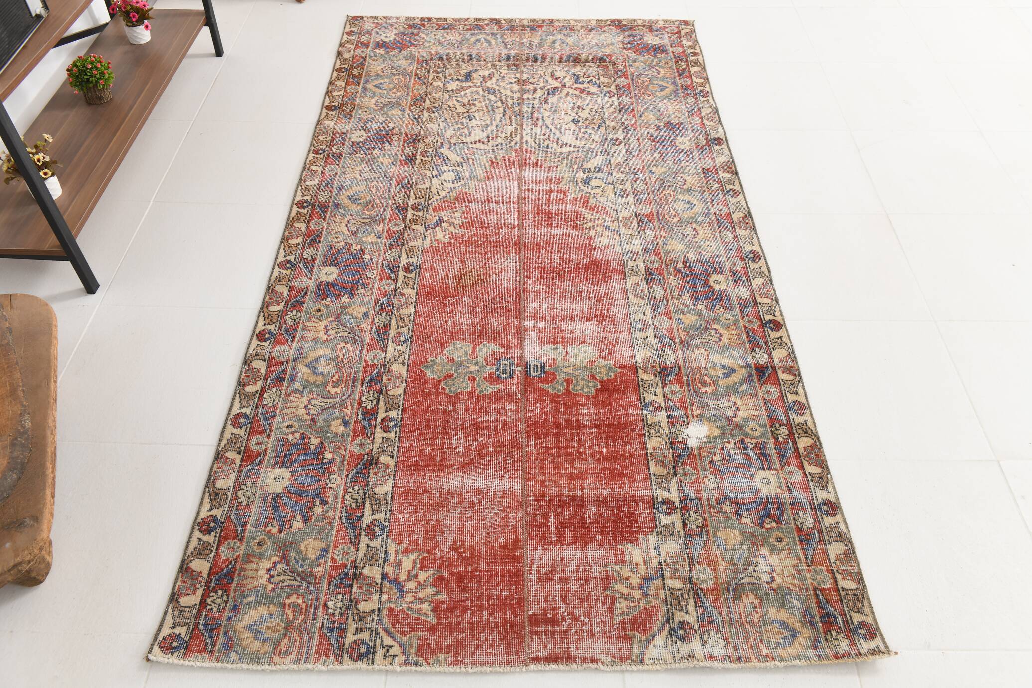4x7 Red & Cream Vintage Area Rug 126x236Cm SK 17738