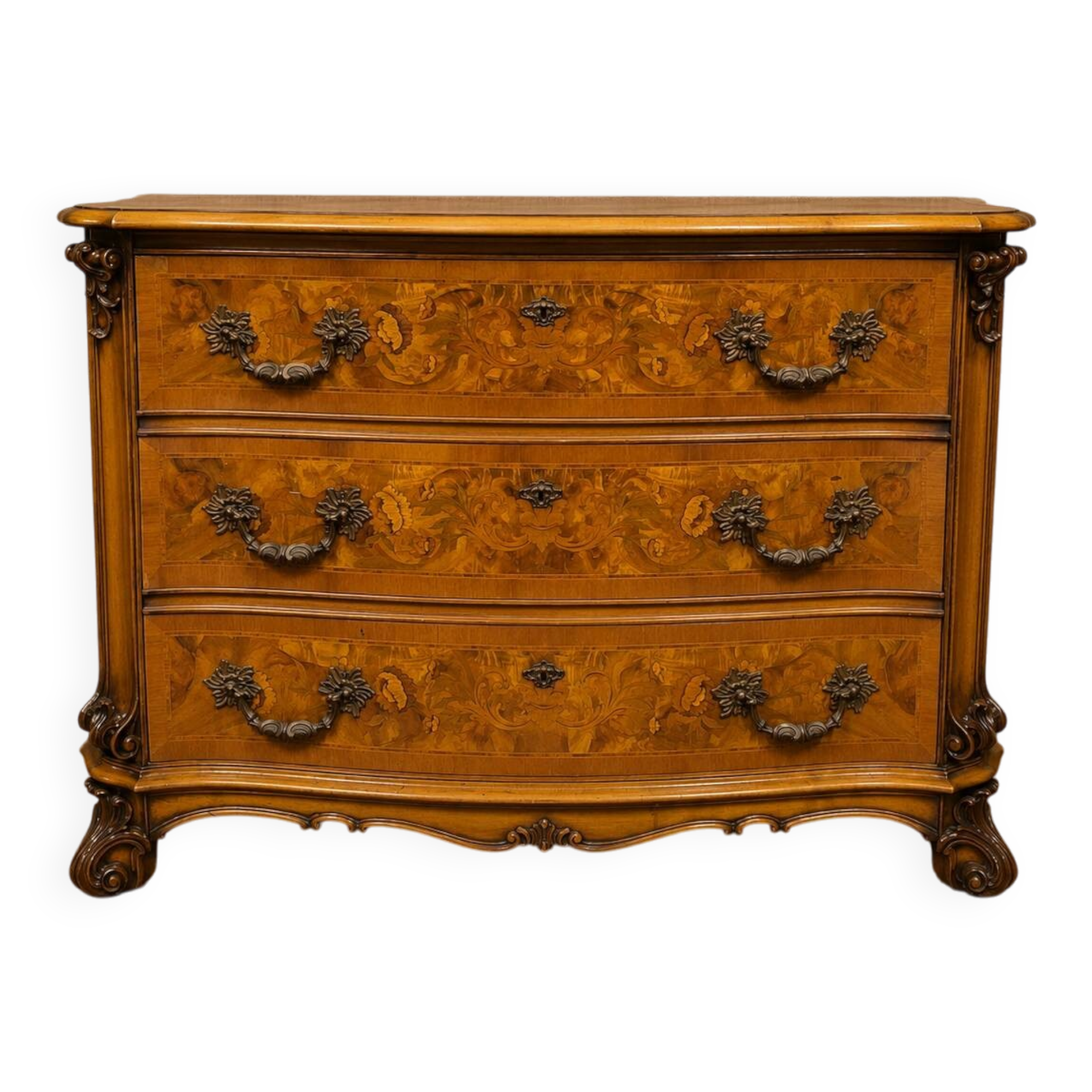 Commode galbée en marqueterie de noyer – Style Louis XV