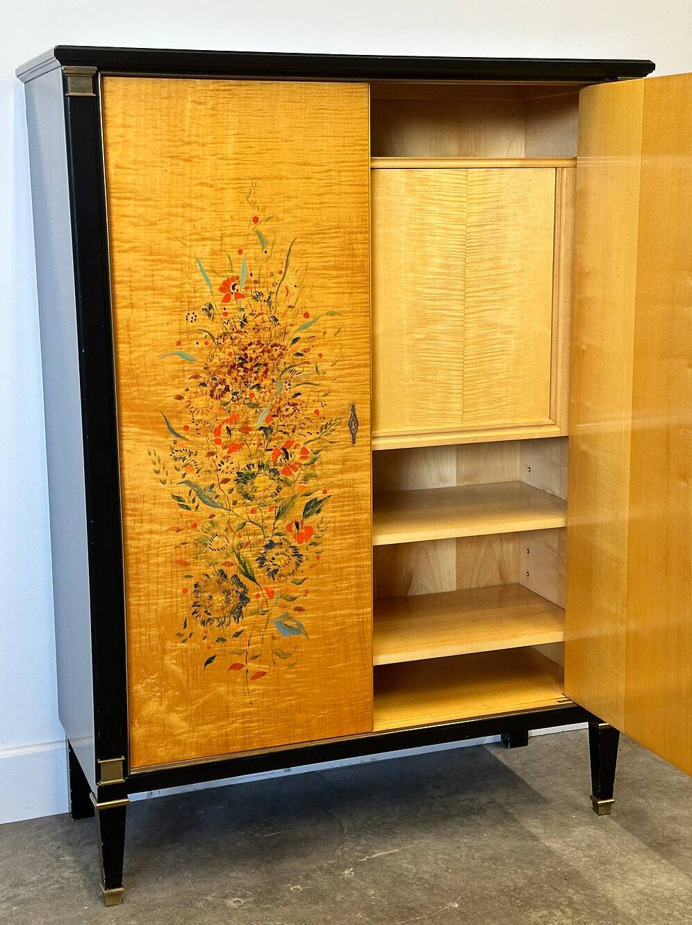 Exquisite 1950s neoclassical sycamore secretaire by Frères De Coene, Belgium.