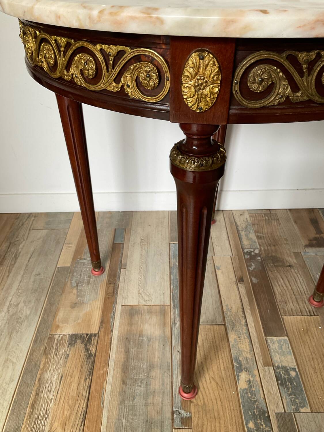 Louis XVI style side table in wood, marble and brass