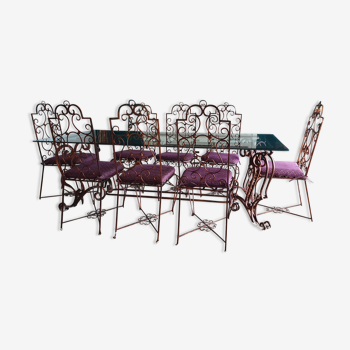 Set table and 8 chairs in iron forge and glass