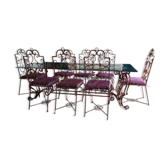 Set table and 8 chairs in iron forge and glass