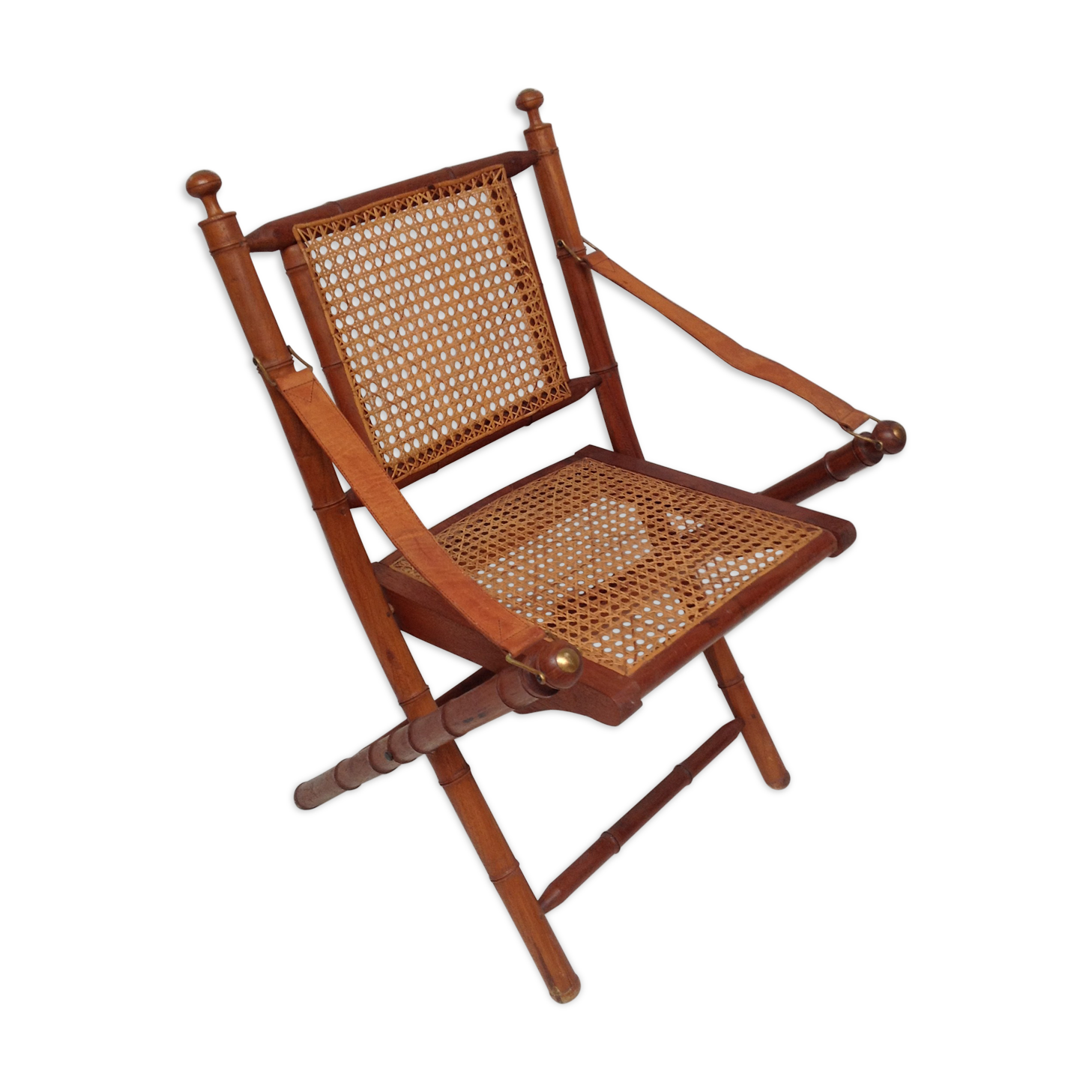 Bamboo folding chair and canning, leather and brass