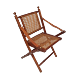 Bamboo folding chair and canning, leather and brass