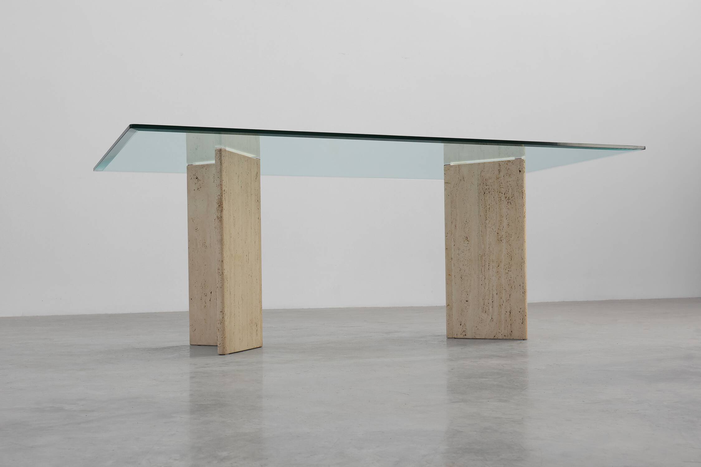 Mid‑Century Italian Dining Table with Glass Top and Travertine Base, 1970s