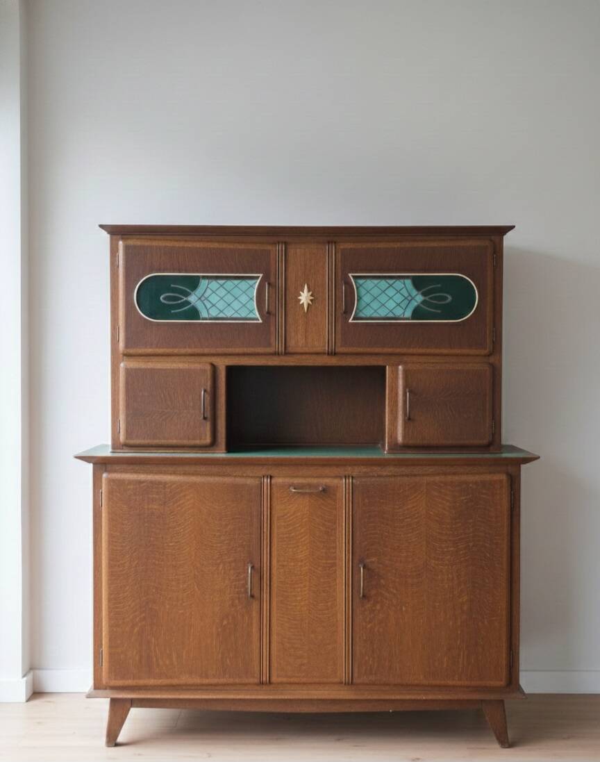 Vintage 1950s Mado sideboard - two sections - patinated wood & art deco glass