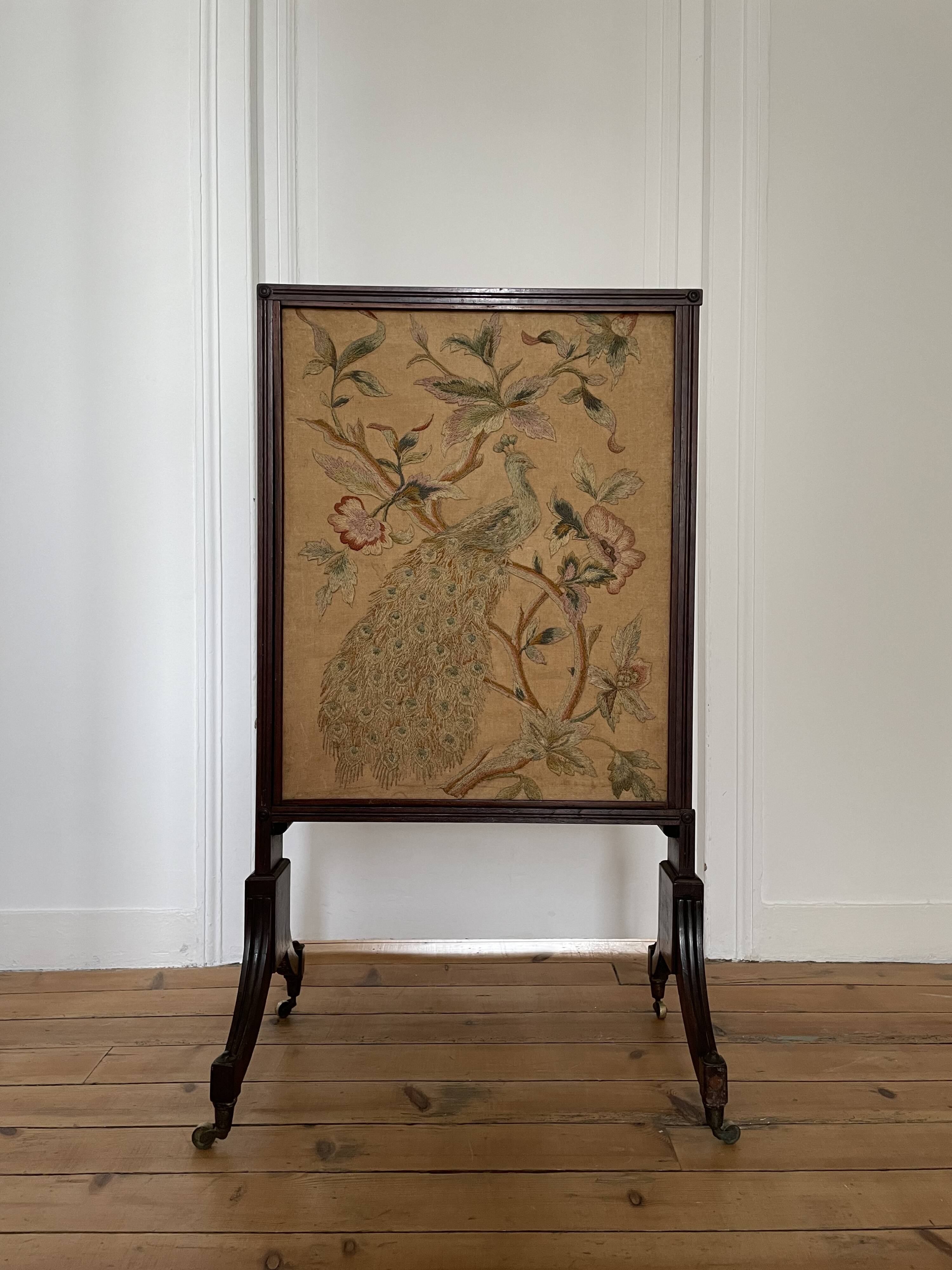 Antique fireplace screen in tapestry and mahogany