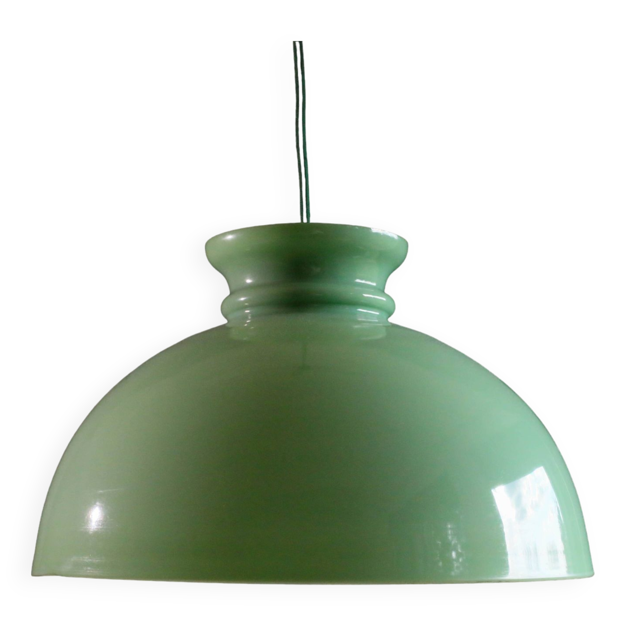 Old semi-round opaline pendant light in green glass - large model - circa 1950