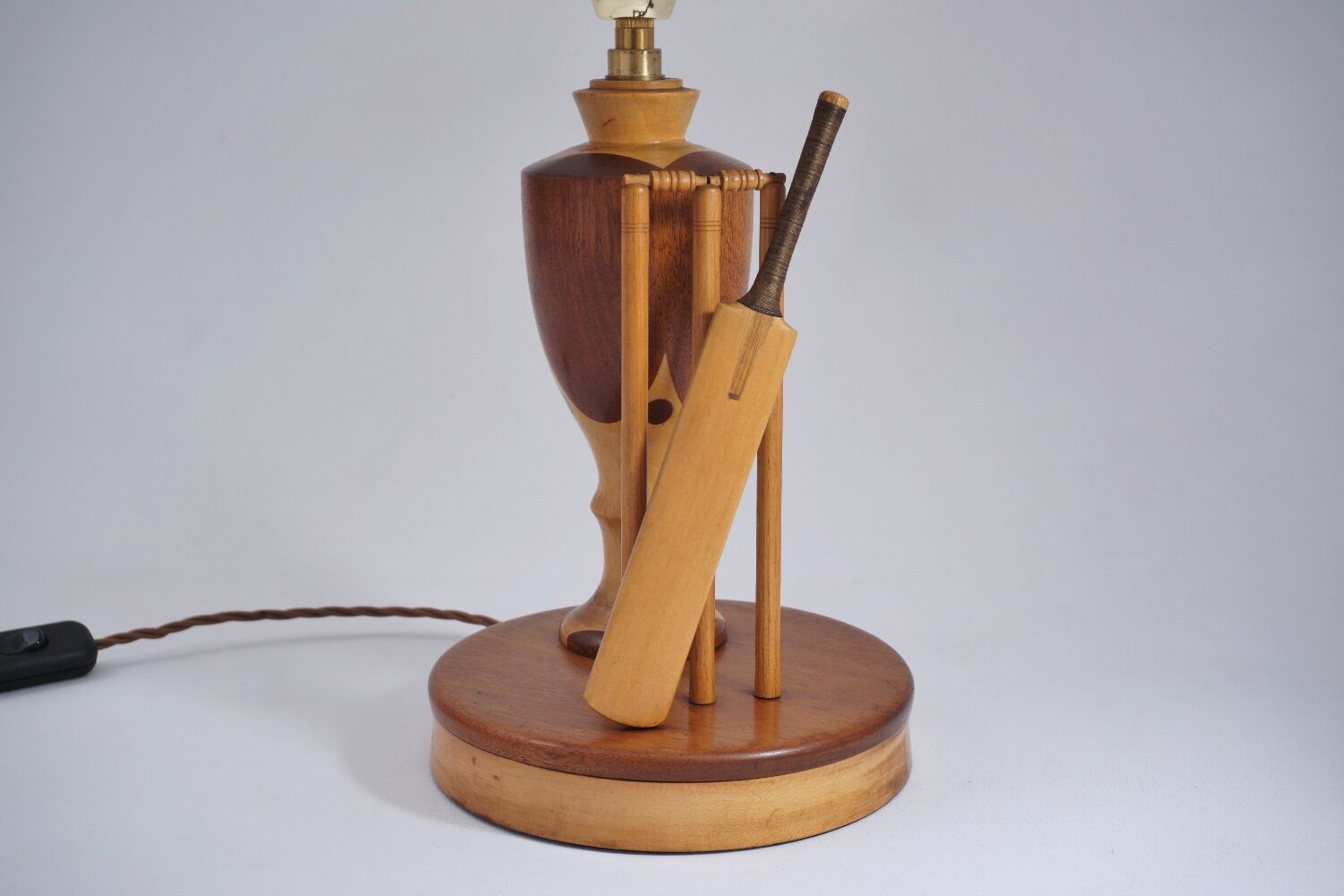 Marquetry wood inlaid table lamp, sport cricket theme, 1950`s ca, English, Rewired