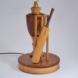 Marquetry wood inlaid table lamp, sport cricket theme, 1950`s ca, English, Rewired
