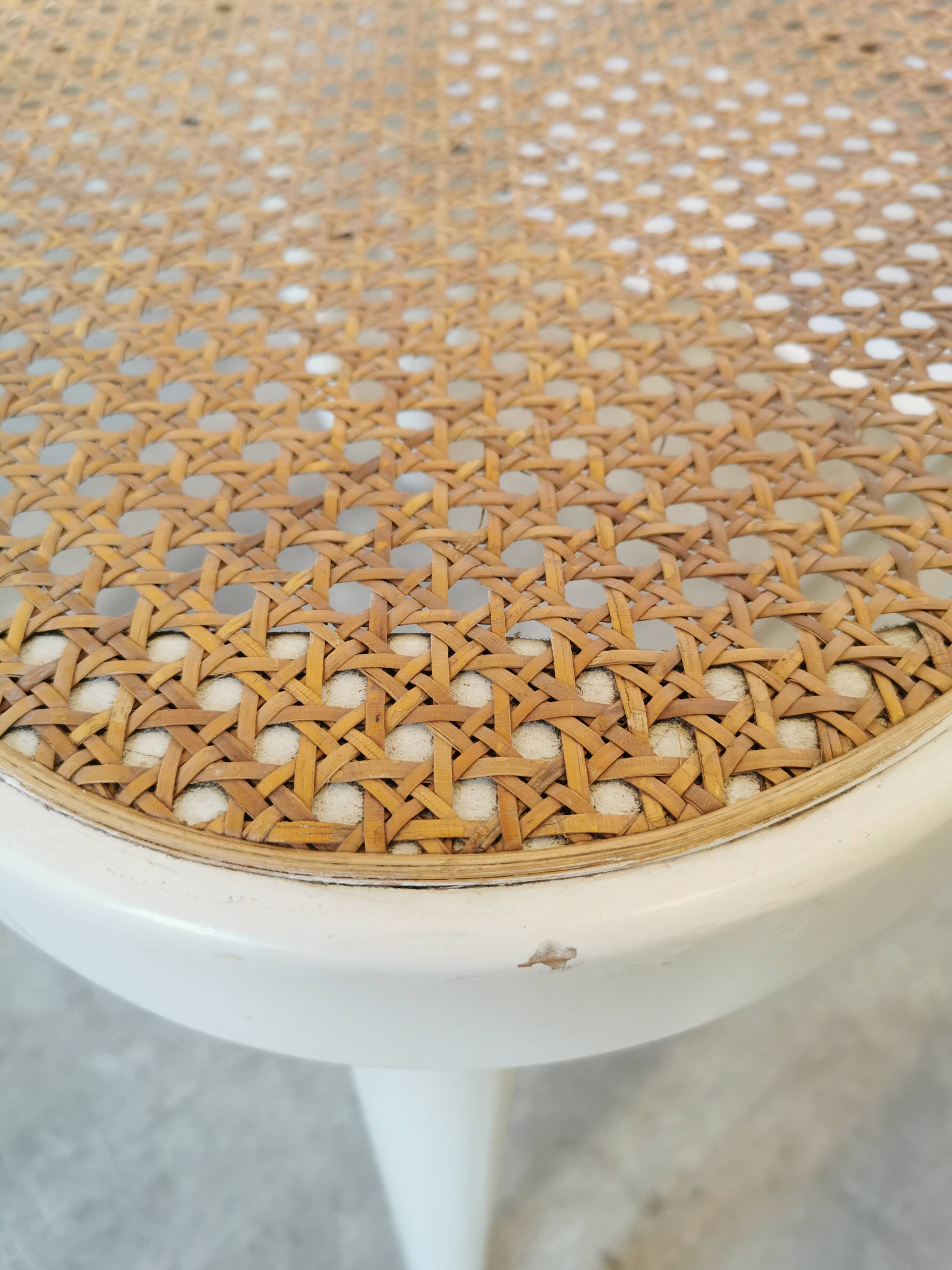 Set of 4 Vintage Thonet Style Dining Chairs: White Wood & Cane