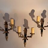 Set of 3 Empire style wall lights in bronze and gilded and green lacquered brass, Circa 1950.