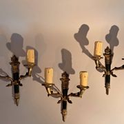 Set of 3 Empire style wall lights in bronze and gilded and green lacquered brass, Circa 1950.
