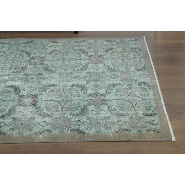 1970s vintage Turkish hand-knotted wool cotton green area rug 196x224