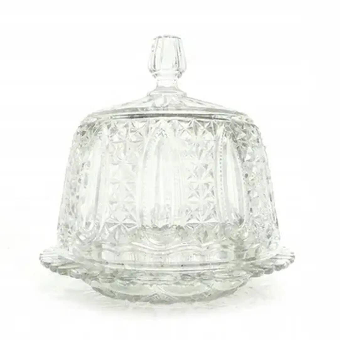 Plat à gâteau avec dôme, Art Déco, verre pressé, Val Saint Lambert, Belgique, années 1950.