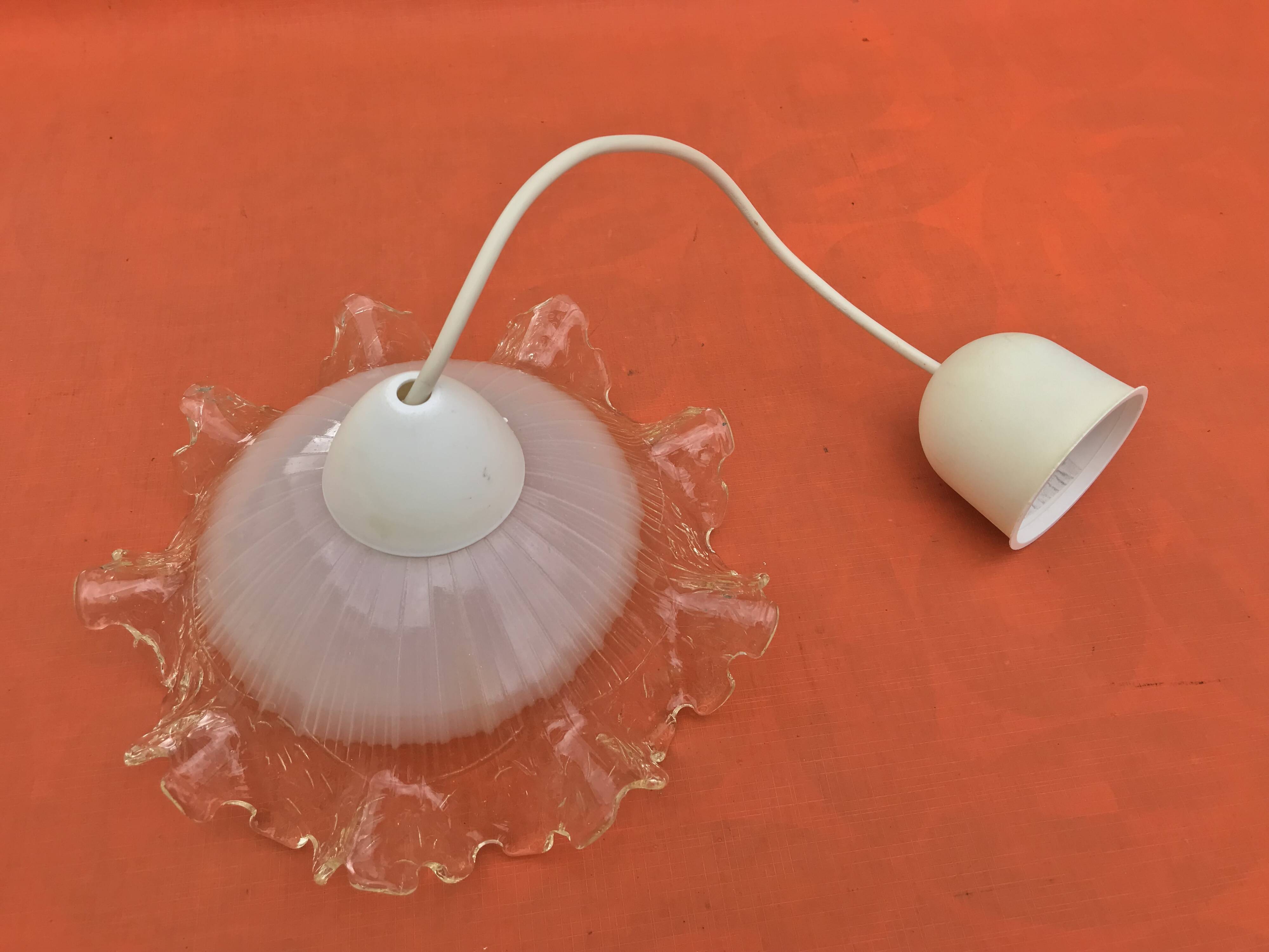 1930s Clear and Milk White Glass Ruffled Lampshade