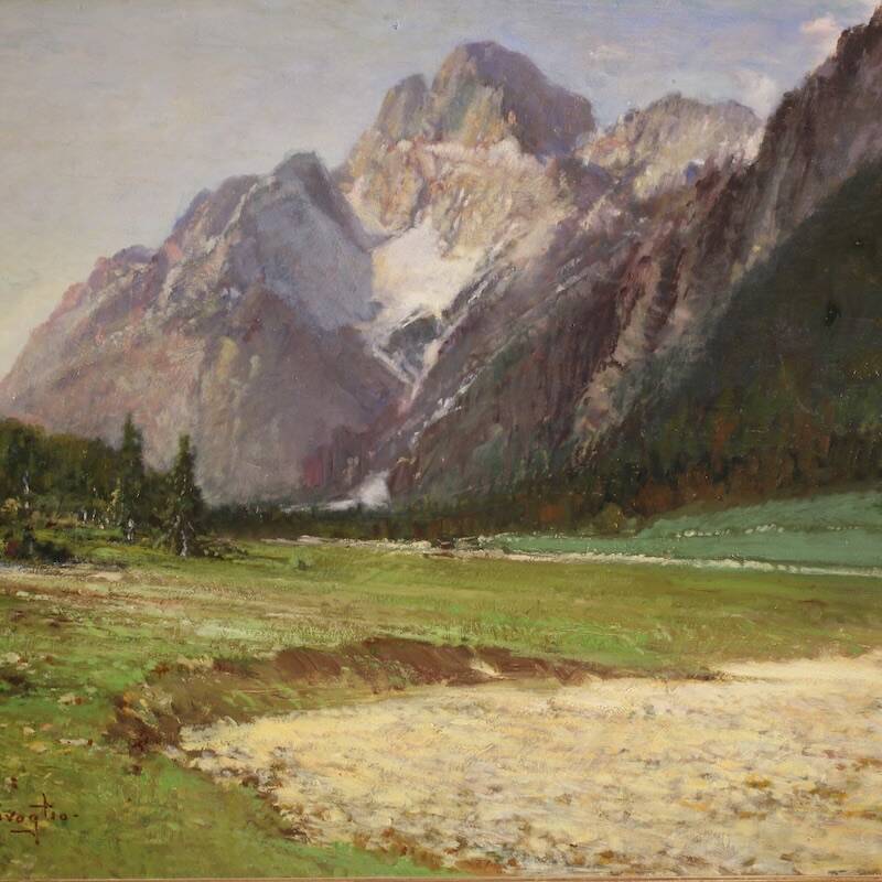 Peinture italienne vue de montagne de la Croda Rossa d'Ampezzo.