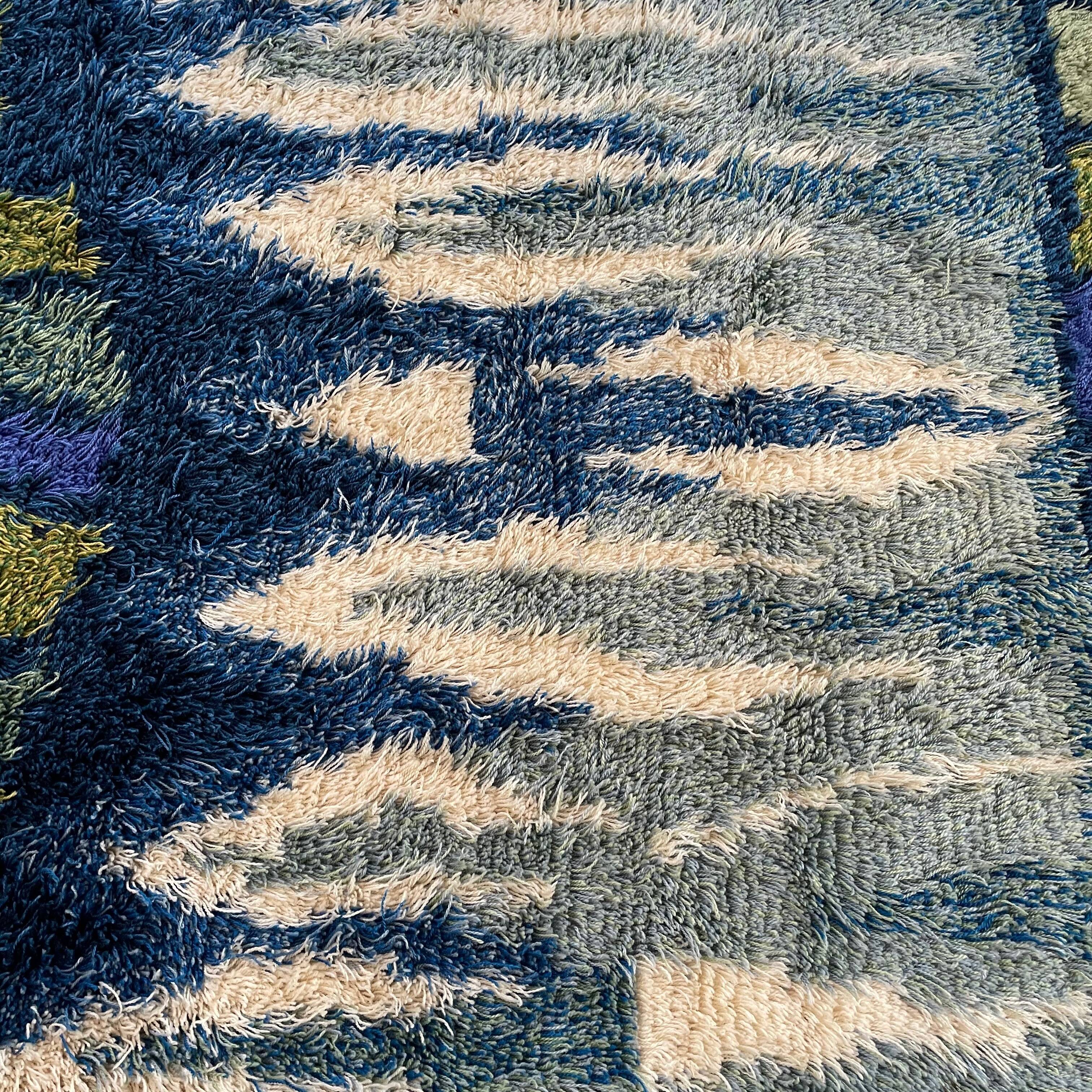 Abstract Scandinavian Multicolor High Pile Rya Rug Carpet, Sweden, 1960s