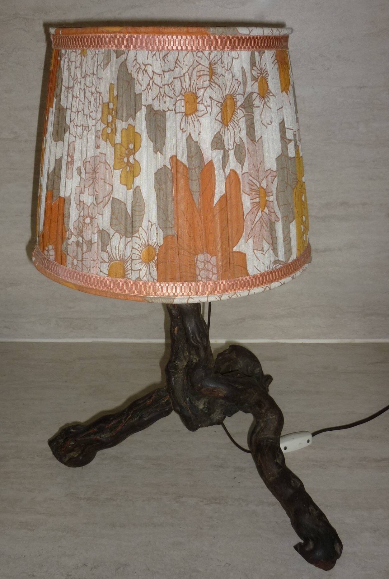 Brutalist lamp in vine stock and vintage rope or fabric lampshade