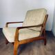 Fauteuil scandinave vintage années 80 – bois et tweed beige