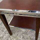 Pair of modernist chrome, leather and wood side tables