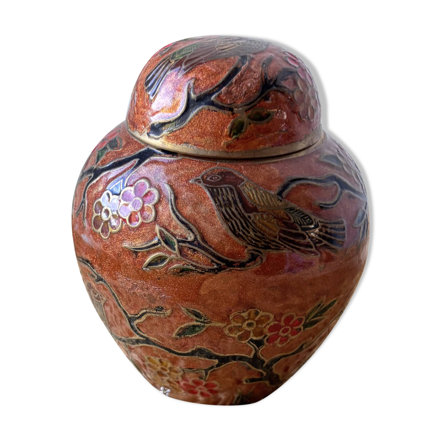 Boîte à couvercle en laiton émaillé cloisonné -oiseaux et fleurs, Mad
